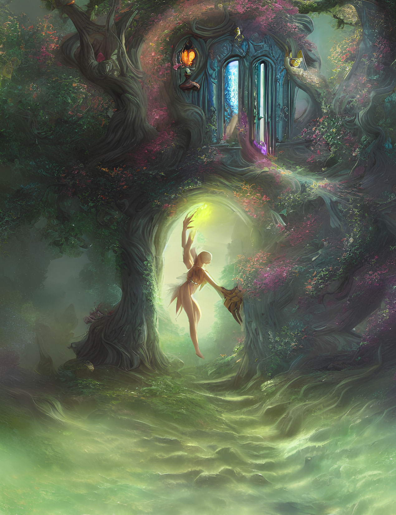 Enchanted forest illustration with fairy and magical tree door