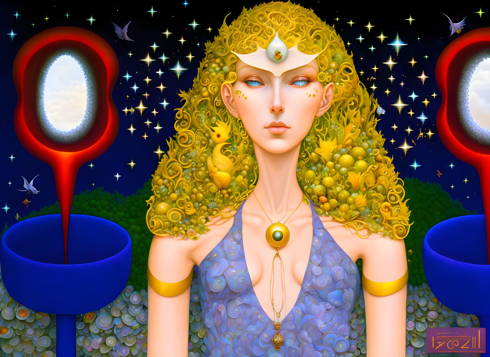 Woman with Golden Curls and Third Eye in Surreal Illustration