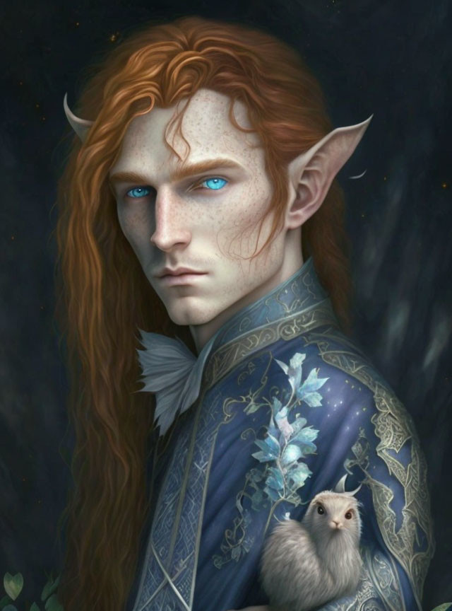 Male elf illustration with blue eyes, red hair, and mouse companion in ornate blue robe