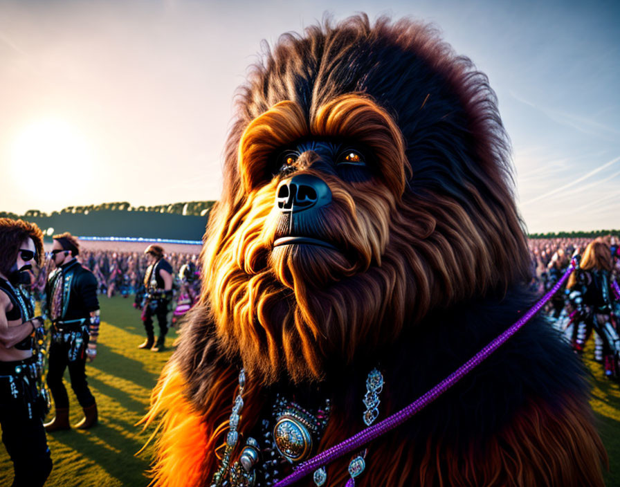Elaborate Chewbacca Costume at Outdoor Event during Sunset