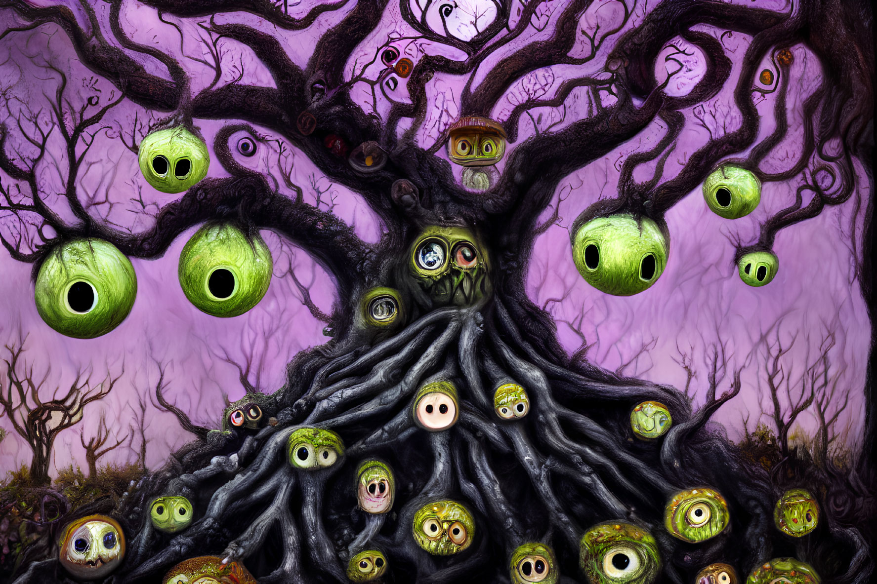 Whimsical fantasy illustration of tree with eye-shaped orbs and houses on purple backdrop