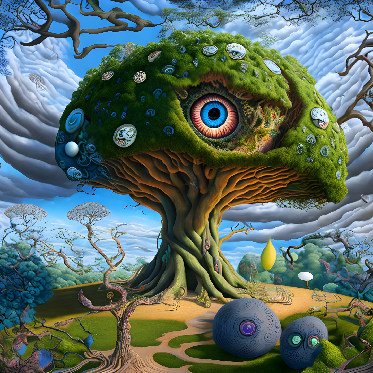 Surreal landscape with eye-shaped tree, swirling sky, whimsical hills, and colorful spheres