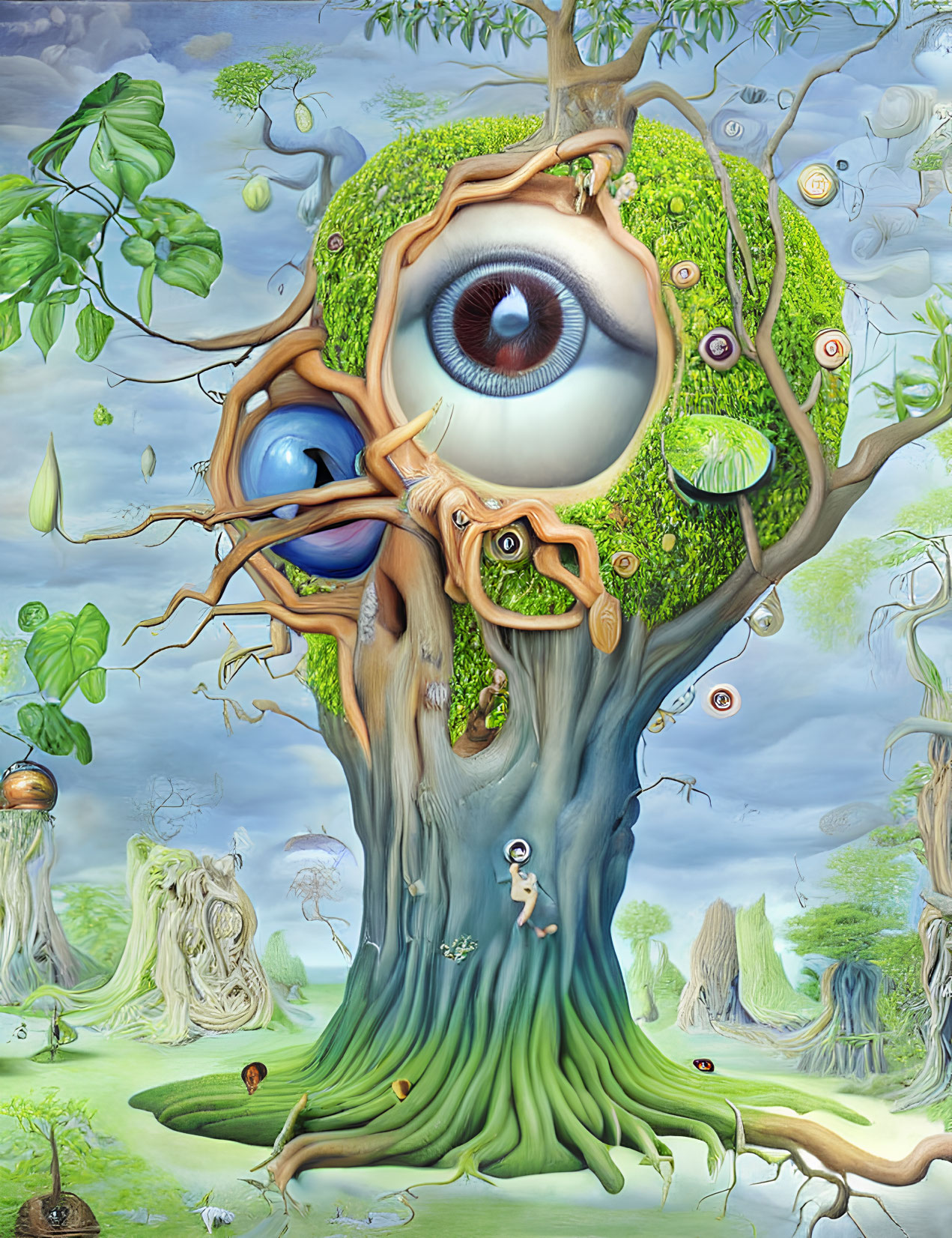 Surreal painting featuring tree with eye, roots as face, person in mystical forest