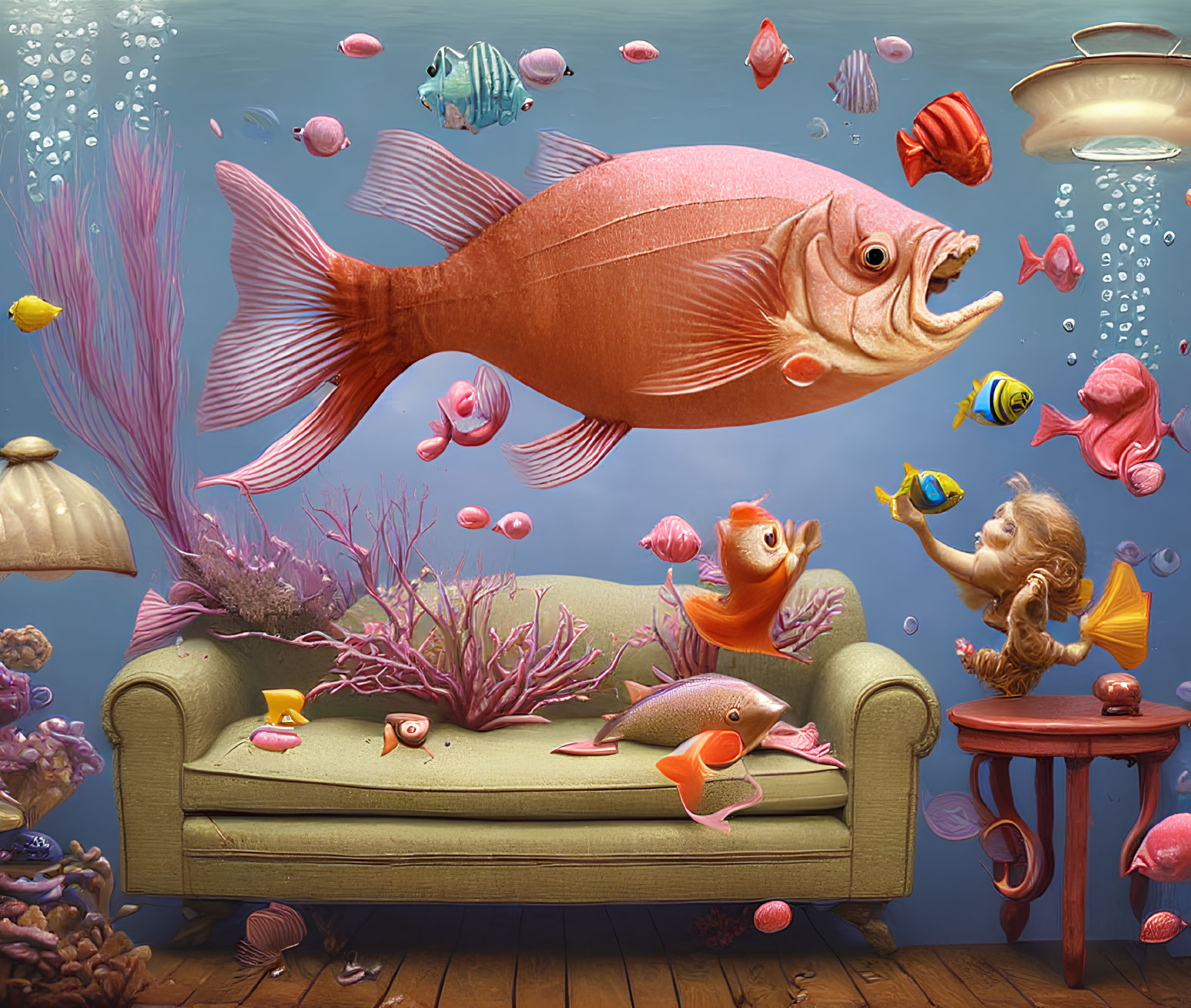 Colorful Fish Interact with Furniture in Underwater Scene