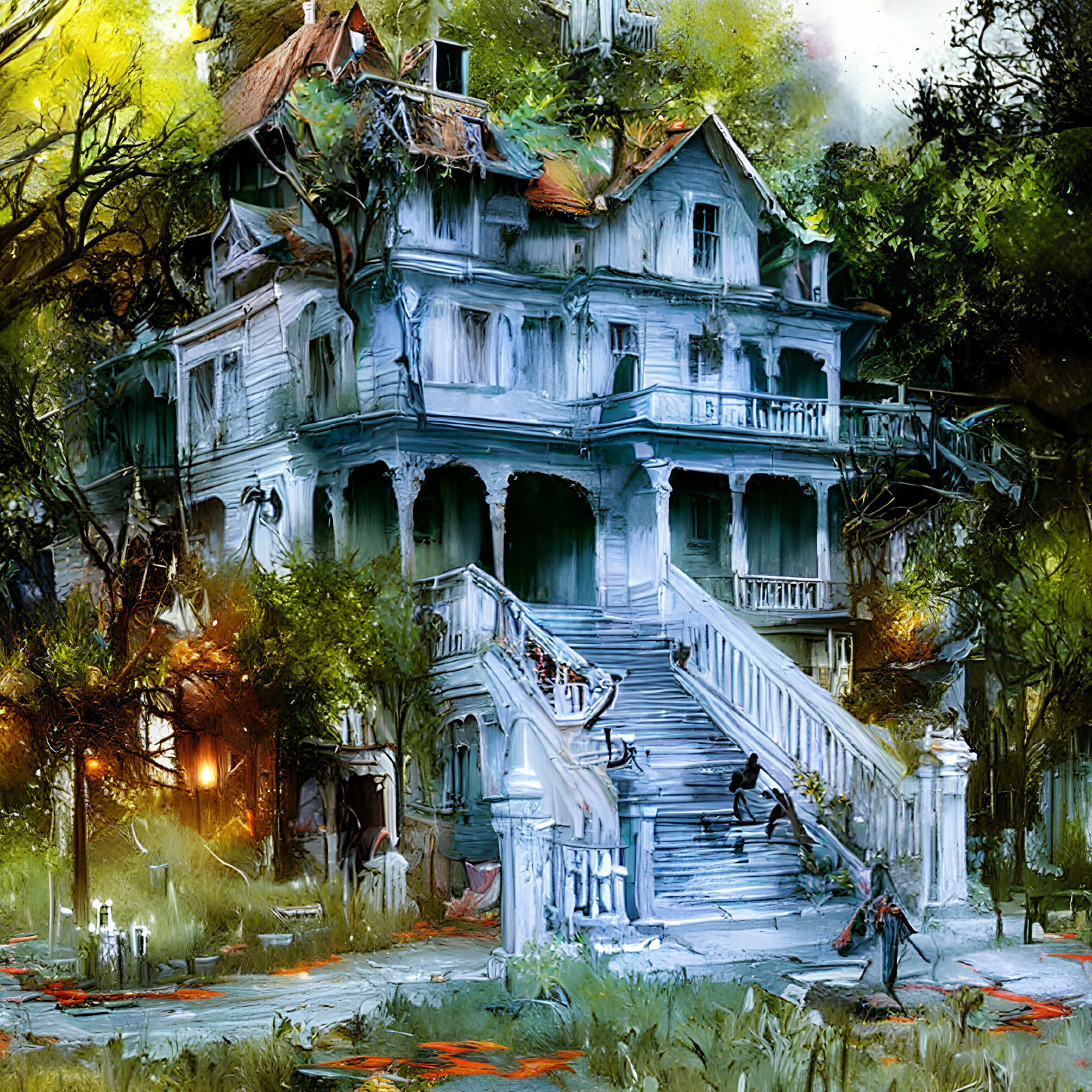 Spooky Victorian mansion with grand staircase and eerie ambiance