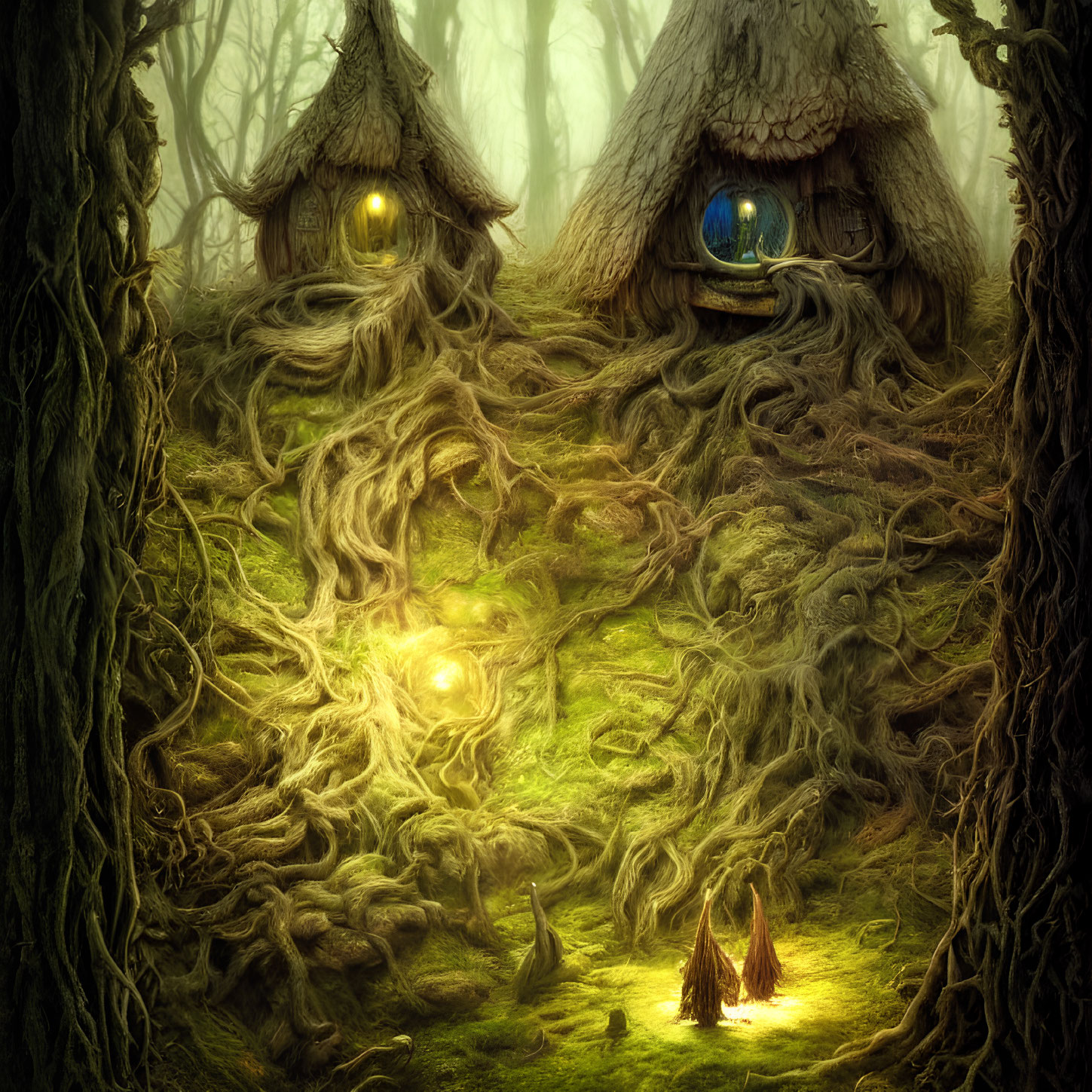 Enchanting forest with whimsical tree houses and glowing windows