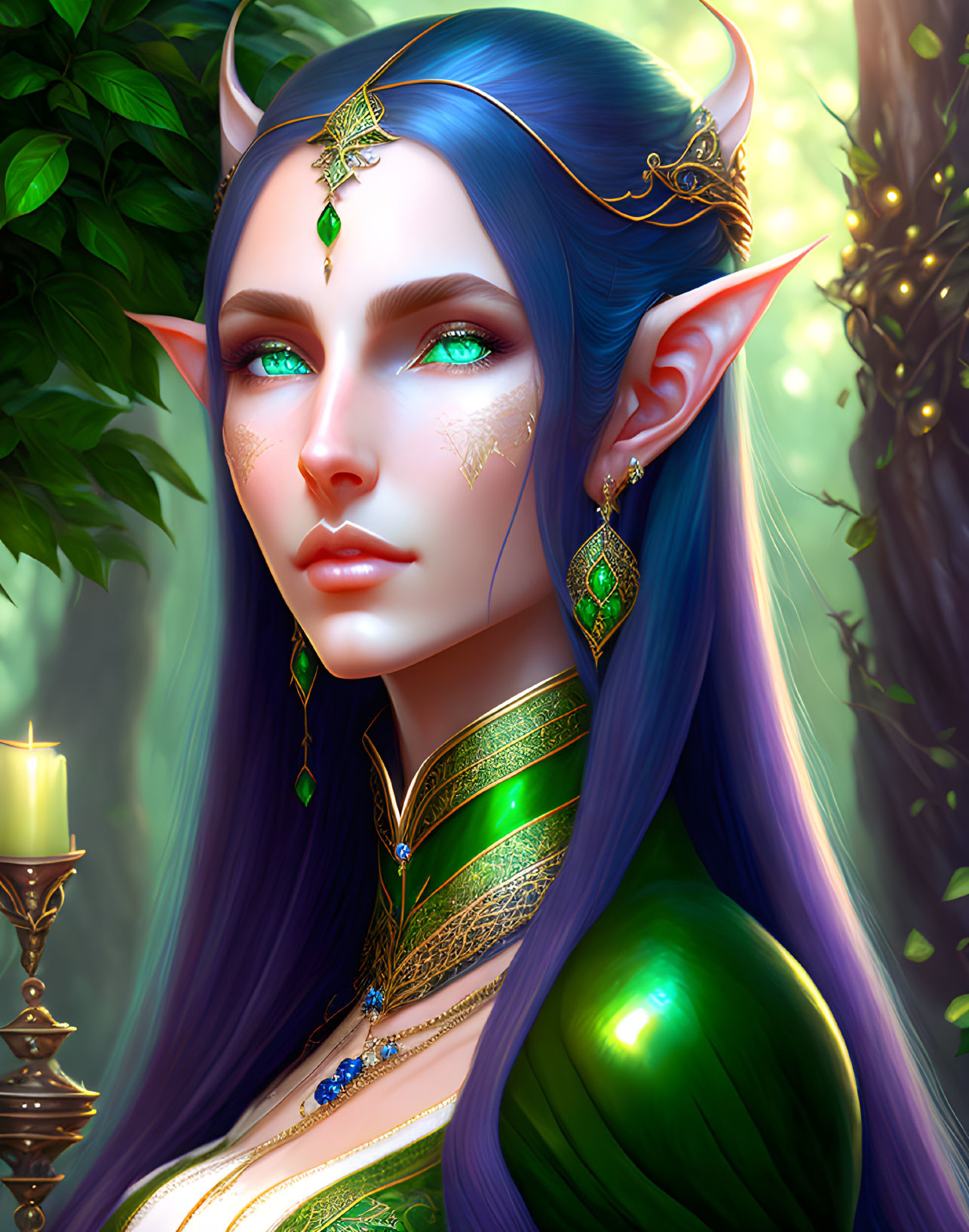 Fantasy elf digital portrait with blue hair and green eyes