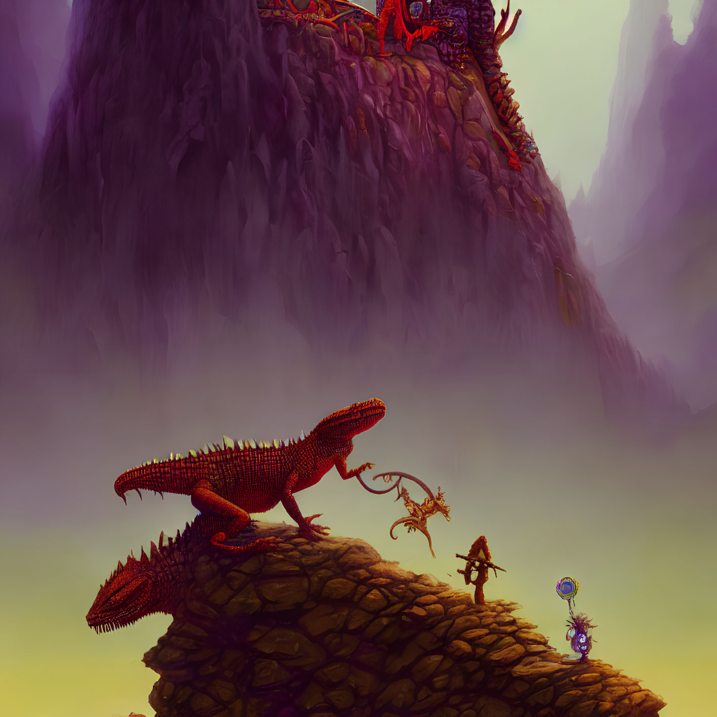 Fantasy illustration: red dragon, warrior with spear, whimsical creature, misty mountain backdrop