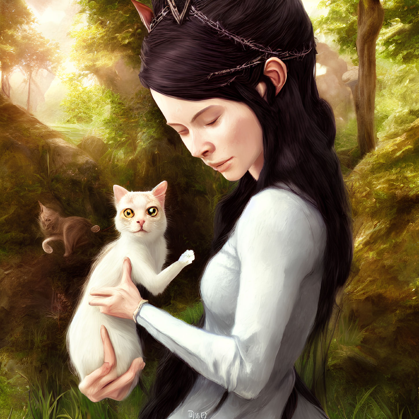 Serene woman with crown holding white cat in sunlit forest