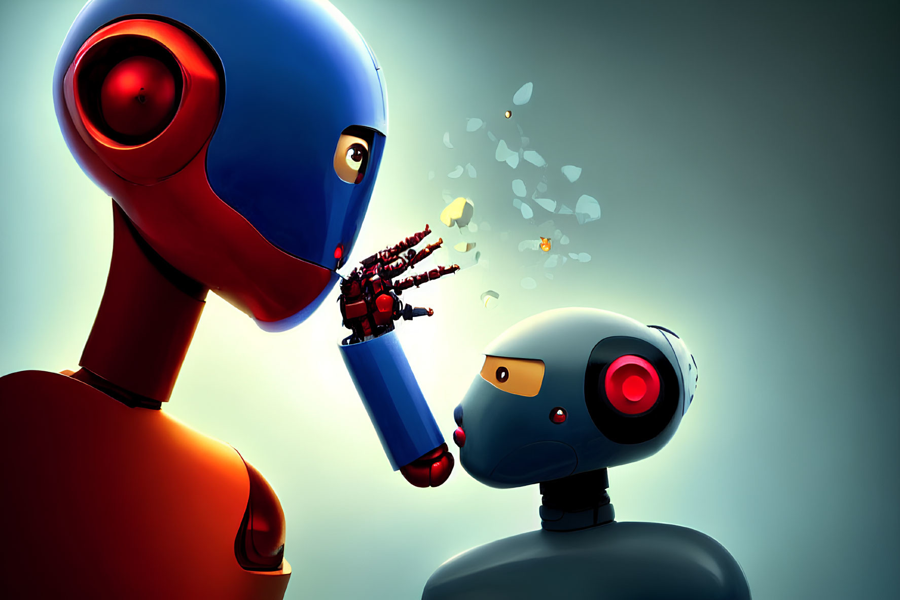 Stylized robots blowing digital bubbles - red accents on larger robot, black and red features on smaller