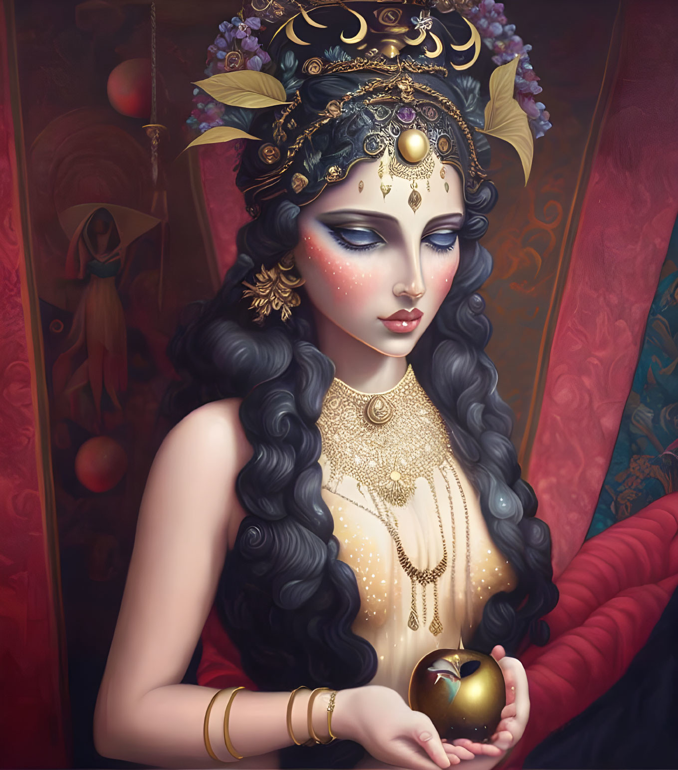 Detailed Illustration of Woman with Dark Wavy Hair and Golden Headdress Holding Apple
