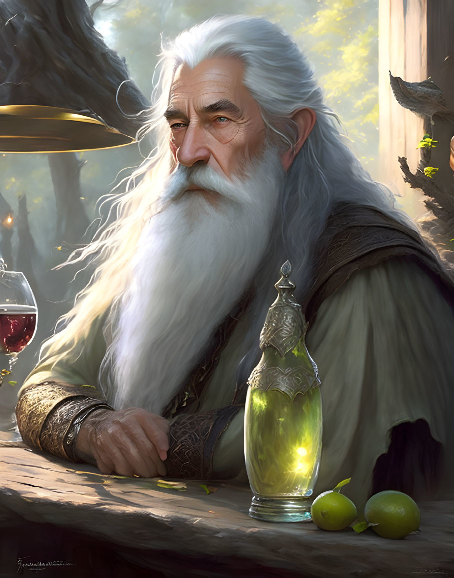 Illustration of wise old man with white beard at table in forest