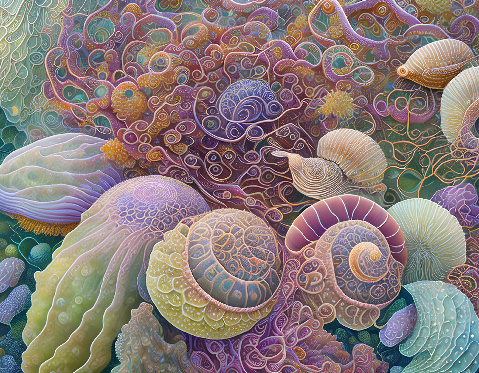 Colorful Stylized Marine Life Artwork in Swirling Patterns