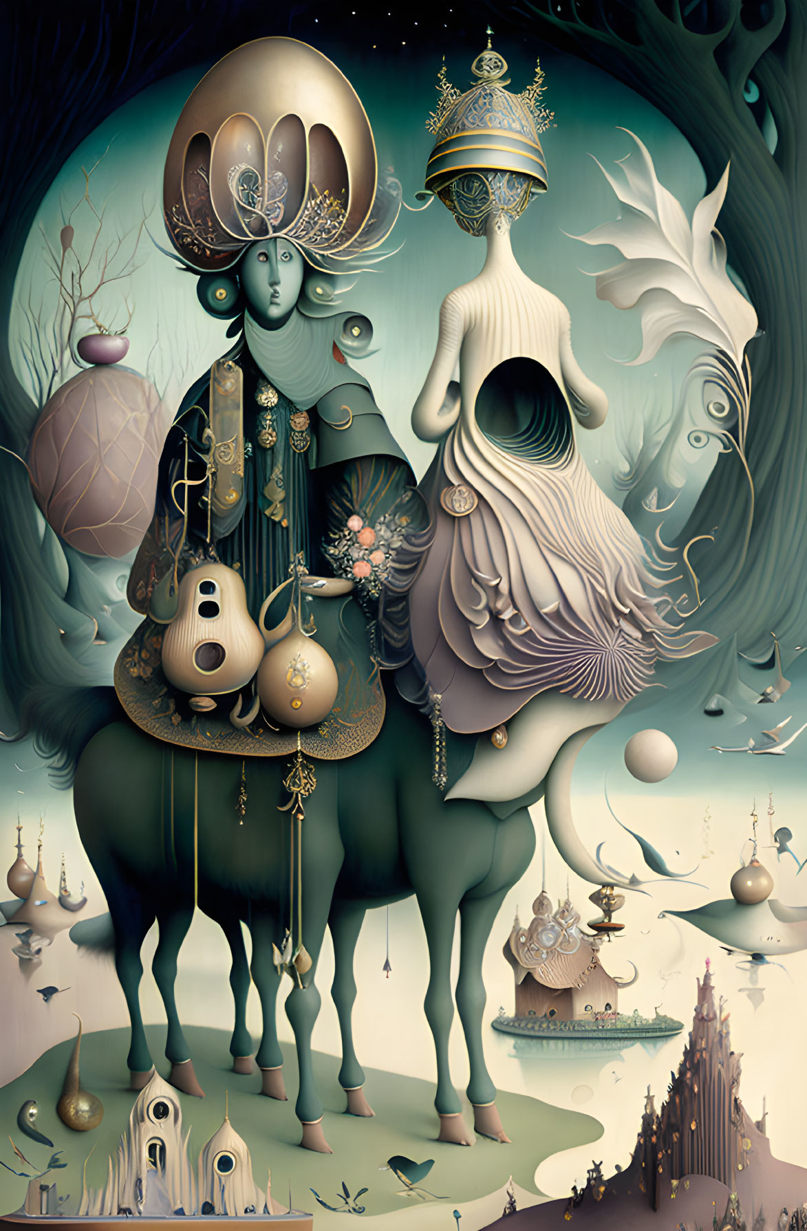 Ornate surreal artwork featuring nature, fantasy, and architecture elements