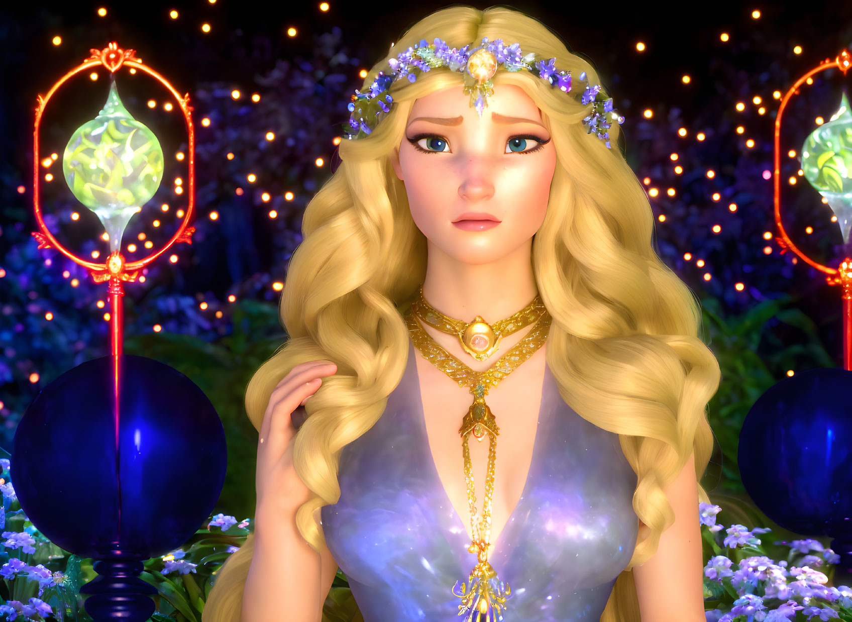 Ethereal blonde woman with flower crown in magical night scene
