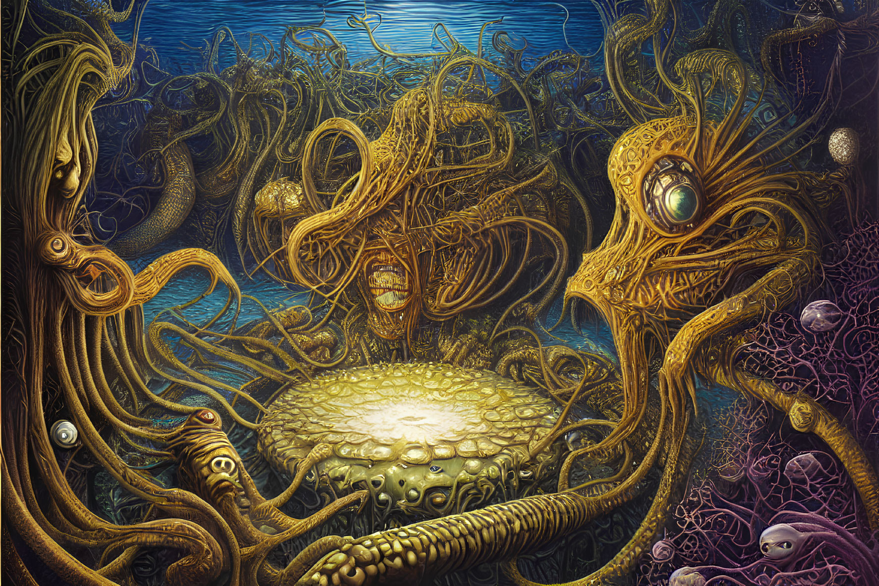 Detailed underwater scene with glowing orb and octopus-like creatures