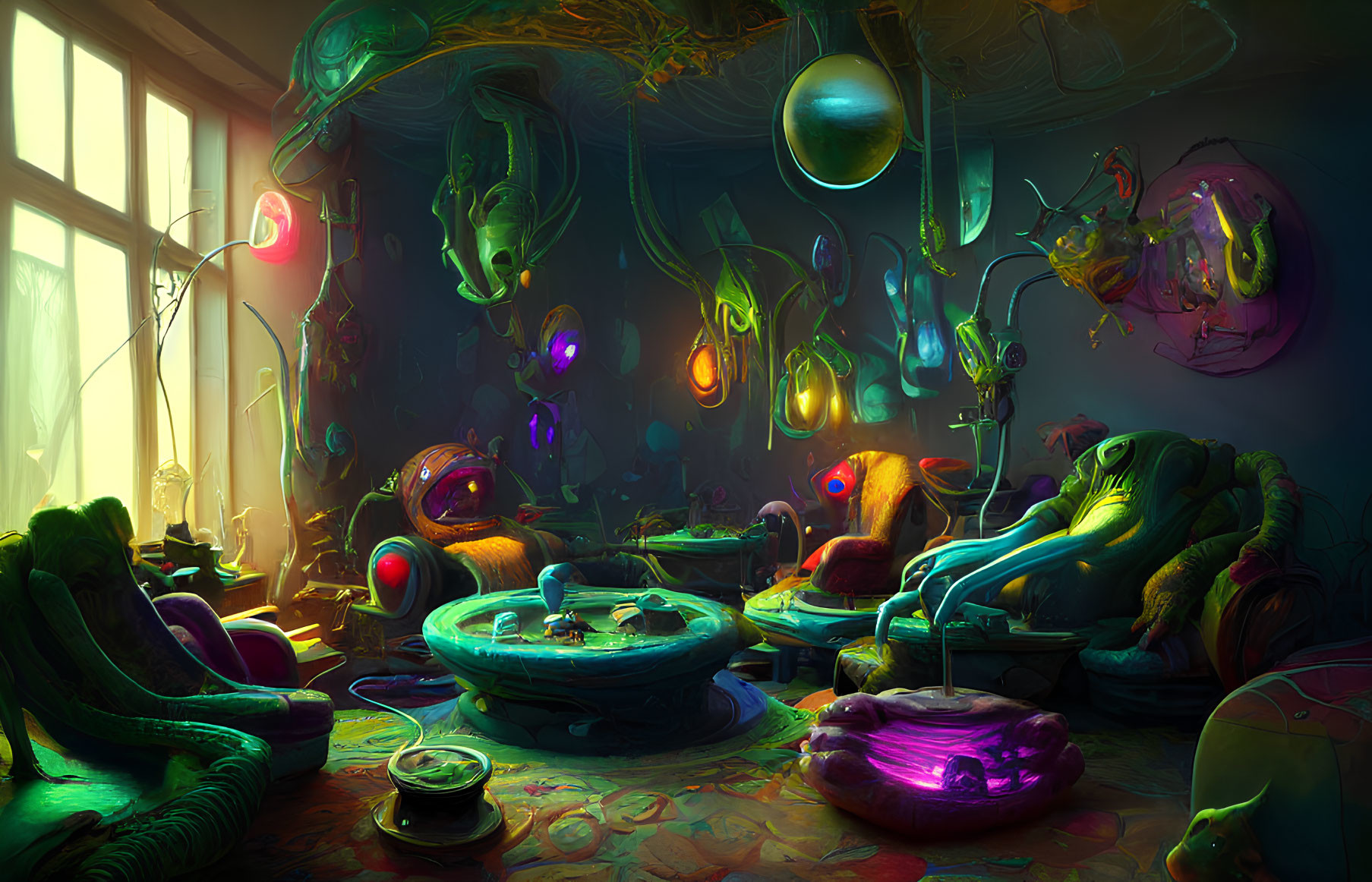 Vibrant Bioluminescent Room with Alien Decor