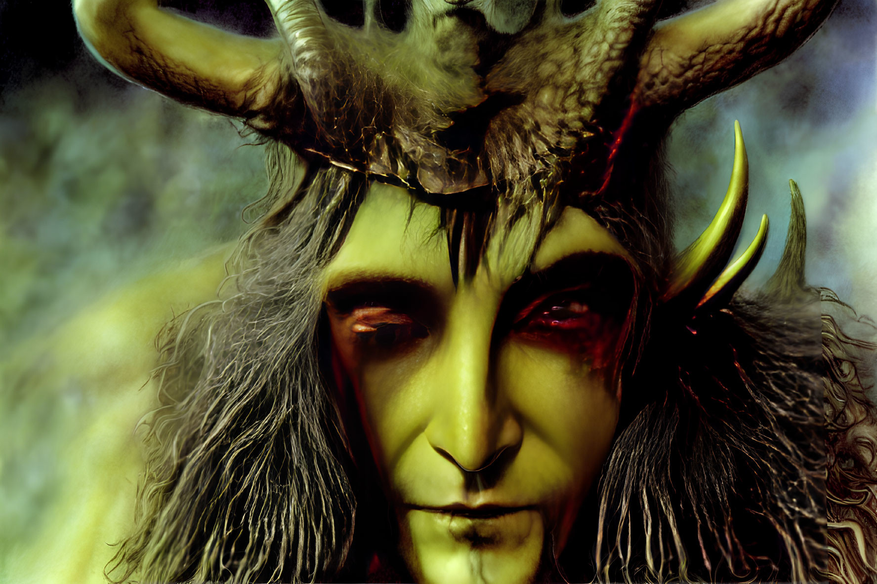 Fantastical creature with horns, pointed ears, red eyes, greenish skin, and wild hair