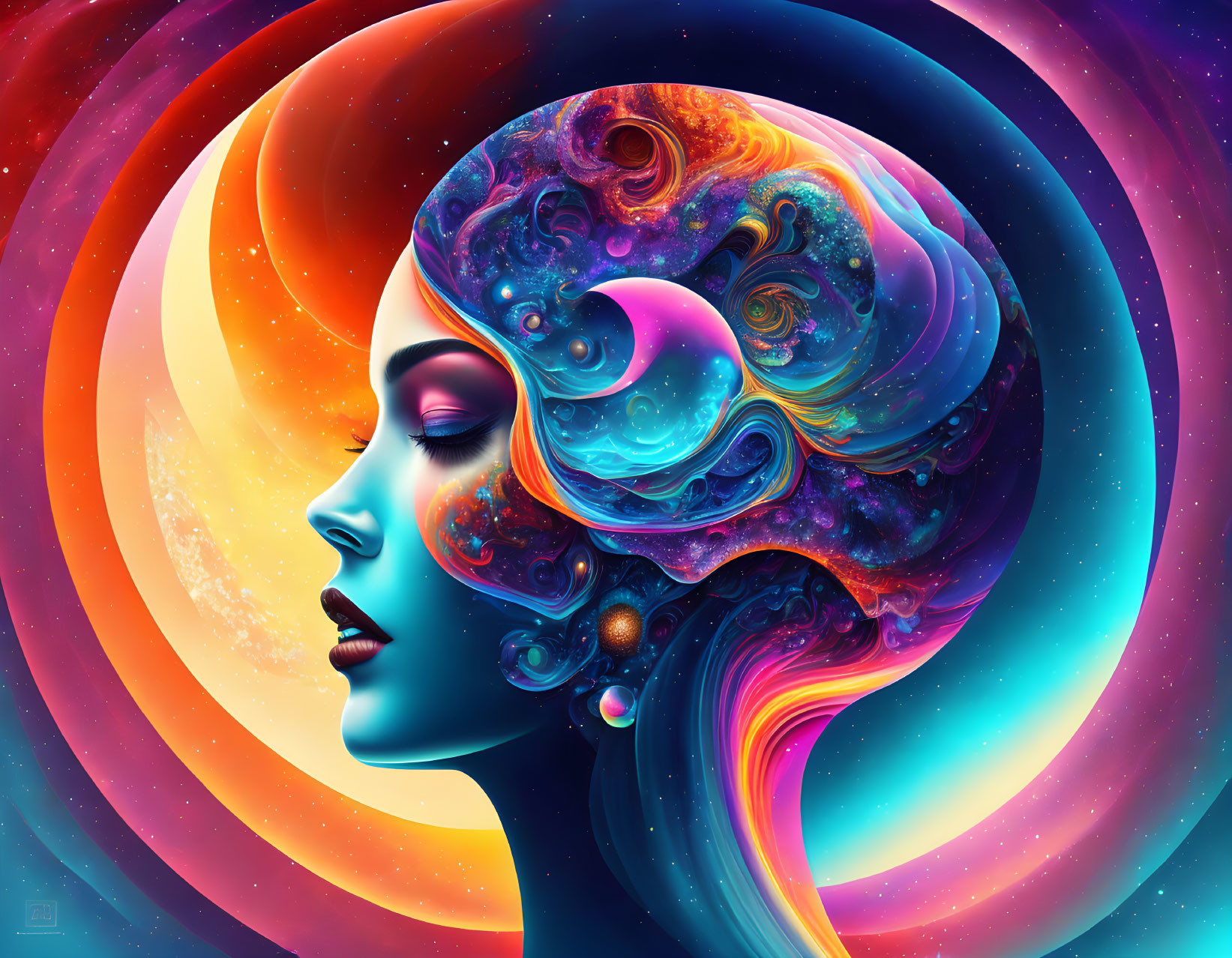 Colorful digital artwork of woman blending into cosmic galaxy