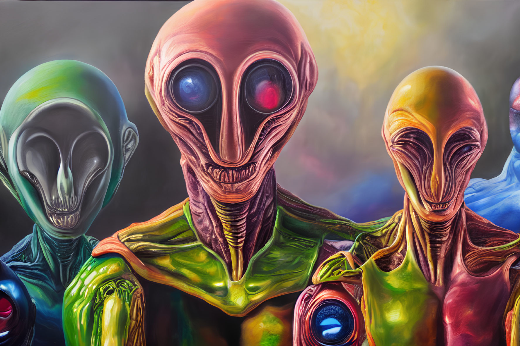 Colorful surreal painting: Four humanoid alien figures with large eyes and elongated heads on abstract background