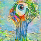 Whimsical tree with central eye, moss, mushrooms, autumn leaves in magical forest