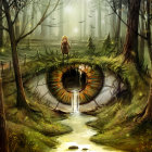 Surreal forest scene with hyper-realistic eye and smaller eyes in trees