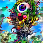 Colorful surreal tree with eye and swirls in blue sky landscape