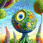 Surreal landscape with eye-shaped trees, spherical foliage, and colorful sky