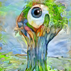 Surreal painting of tree with eye, moss, and fantasy elements