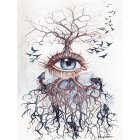Surreal illustration: leafless tree with human face-shaped branches.