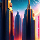Futuristic city skyline with neon-lit skyscrapers and flying vehicles at sunset