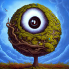 Surreal illustration of eye-shaped tree canopy with moss and fungi in fantastical landscape