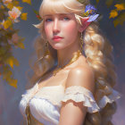 Fantasy portrait: Elf woman with long blond hair, flowers, gold jewelry, roses.