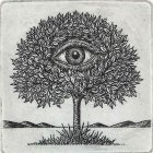 Surreal black and white tree blending into an eye illustration with intricate branches and hanging orbs