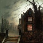 Dark, misty scene with gothic houses and glowing windows