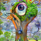 Surreal tree illustration with central blue eye and eye-shaped branches in whimsical landscape