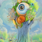 Surreal digital art: tree with eye, figure, sky