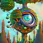Surreal artwork of tree with eye, orbs, and castle in roots