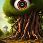 Intricate tree with eye-shaped structure and root-like rooms in lush landscape