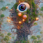 Surreal image: Large tree with integrated eye in forest landscape