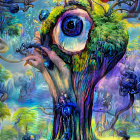 Surreal artwork featuring tree with large eye and fantastical elements