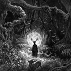 Monochrome fantasy image of two antlered figures in mystical forest