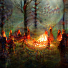 Nude individuals dance around bonfire in misty forest