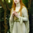Red-haired woman in white dress standing in green forest