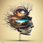 Surreal human head silhouette with tree branches and mountain landscape at sunrise