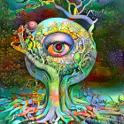 Surreal artwork: giant tree with eye, brain-like roots, abstract spheres