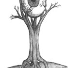 Surreal illustration of tree with eye patterns in desolate landscape