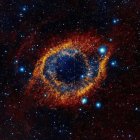 Surreal human eye merged with cosmic scenery in blue, purple, and orange hues