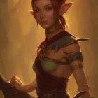 Female elf with red hair, pointy ears, stern expression, leather outfit, wooden staff