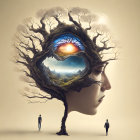 Surreal human head illustration with landscape brain and central eye